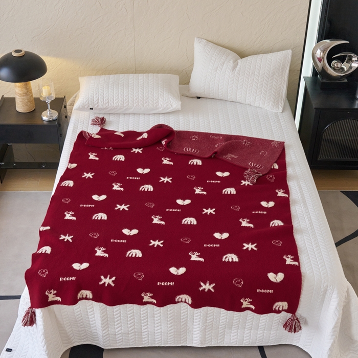 91家纺网 家纺一手货源 找家纺 苏艺针织盖毯 2024龙年限定高克重一体针织毛巾绣亲肤毛毯盖毯 一鹿有你（红）