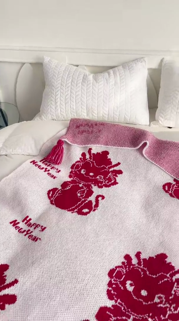 91家纺网 家纺一手货源 找家纺 苏艺针织盖毯 2024新款龙年限定针织亲肤毯龙年大吉盖毯 龙年大吉（白）