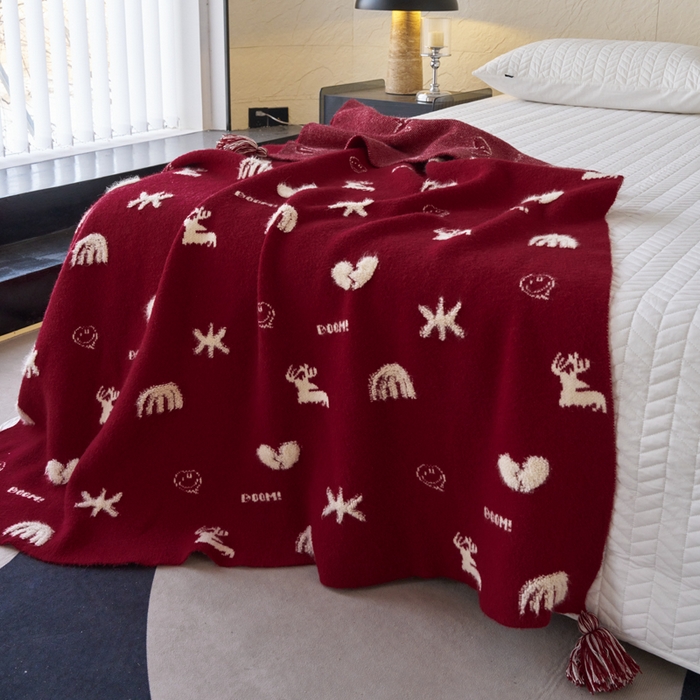 91家纺网 家纺一手货源 找家纺 苏艺针织盖毯 2024龙年限定高克重一体针织毛巾绣亲肤毛毯盖毯 一鹿有你（红）