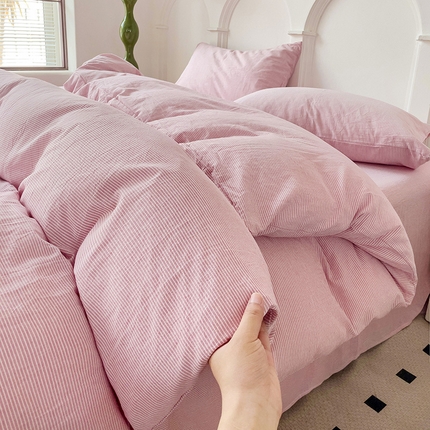 呗旺鹿 2024新款A类40支全棉色织水洗棉四件套全棉四件套纯棉四件套无印风 魅力条纹豆沙