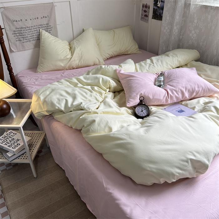 91家纺网 家纺一手货源 找家纺 优迈 2024新款ins风小红书同款纯色双拼水洗棉四件套亲肤加厚磨毛四件套混搭系列-单被套单床单单枕套单床笠 芝士桃桃