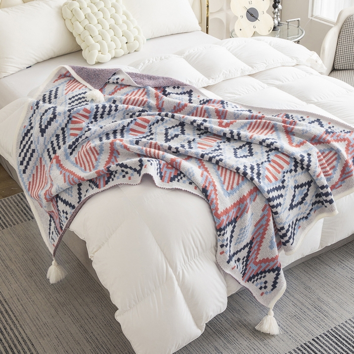 91家纺网 家纺一手货源 找家纺 苏艺针织盖毯 2024新款亲肤复古针织毯 复古蓝