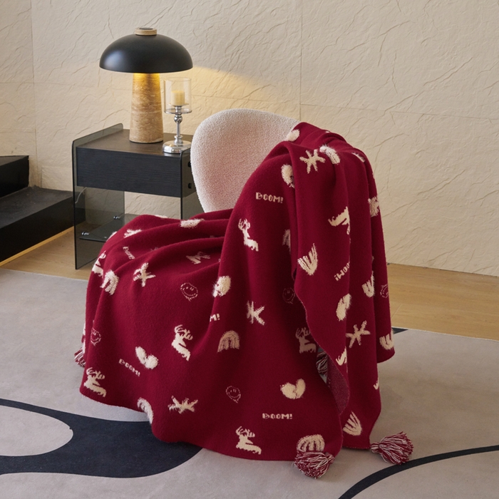 91家纺网 家纺一手货源 找家纺 苏艺针织盖毯 2024龙年限定高克重一体针织毛巾绣亲肤毛毯盖毯 一鹿有你（红）