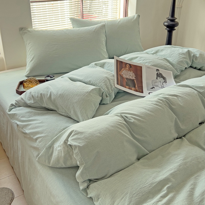 91家纺网 家纺一手货源 找家纺 呗旺鹿 2024新款A类40支全棉色织水洗棉四件套全棉四件套纯棉四件套无印风 时尚简约绿