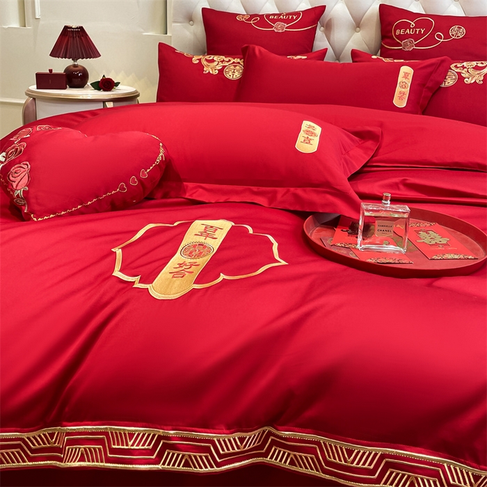 91家纺网 家纺一手货源 找家纺 东方合美（原：皇家传奇） 2024新款轻奢纯棉贡缎织造印花婚庆四件套 喜事