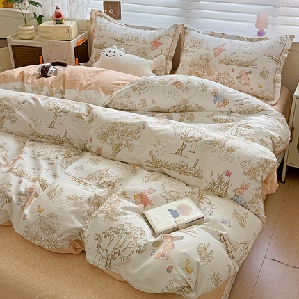 乐童 2024新款直播爆款13070纯棉印花吊边款一字绣四件套第八波初朴