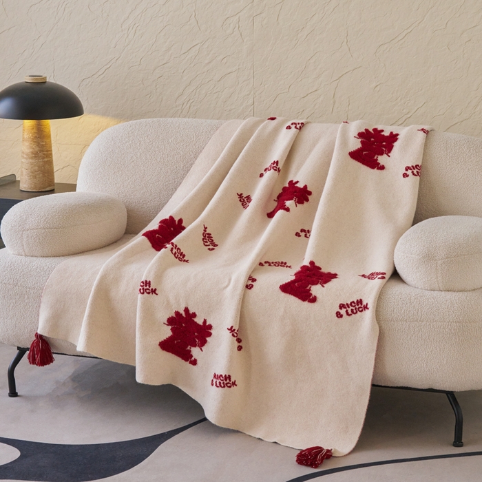 91家纺网 家纺一手货源 找家纺 苏艺针织盖毯 2024龙年限定高克重一体针织毛巾绣亲肤毛毯盖毯 祥龙献瑞（白)