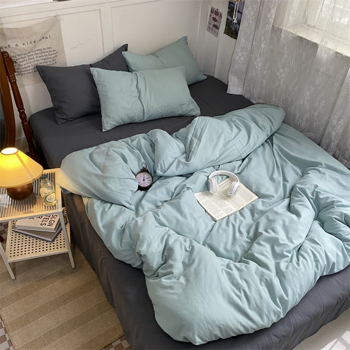 91家纺网 家纺一手货源 找家纺 优迈 2024新款ins风小红书同款纯色双拼水洗棉四件套亲肤加厚磨毛四件套混搭系列-单被套单床单单枕套单床笠 独白绿灰