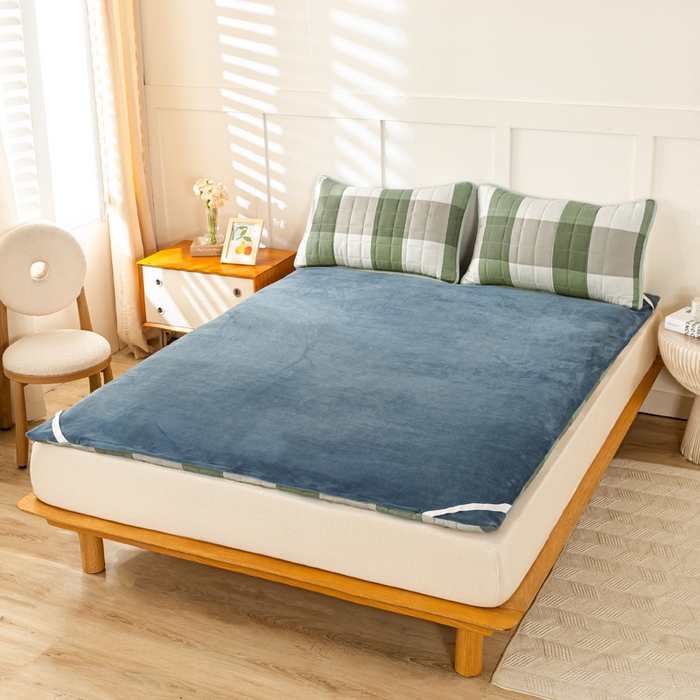 91家纺网 家纺一手货源 找家纺 萌飞 2024新款四季款秋冬两用可拆洗棉花学生床垫子牛奶绒褥子 绿大格