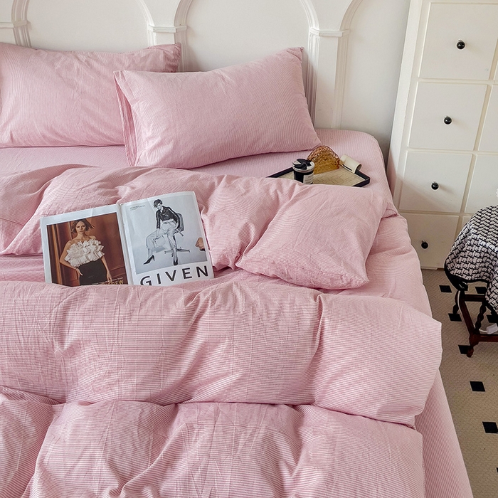 91家纺网 家纺一手货源 找家纺 呗旺鹿 2024新款A类40支全棉色织水洗棉四件套全棉四件套纯棉四件套无印风 魅力条纹豆沙