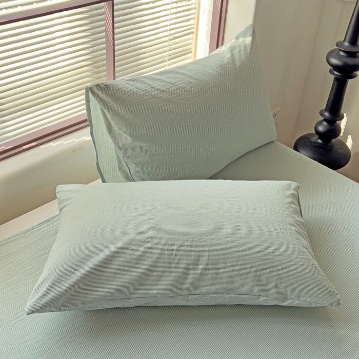 91家纺网 家纺一手货源 找家纺 呗旺鹿 2024新款A类40支全棉色织水洗棉四件套全棉四件套纯棉四件套无印风 时尚简约绿