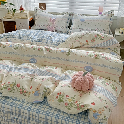 乐童 2024新款直播爆款13070纯棉印花吊边款一字绣四件套第八波花边可爱兔