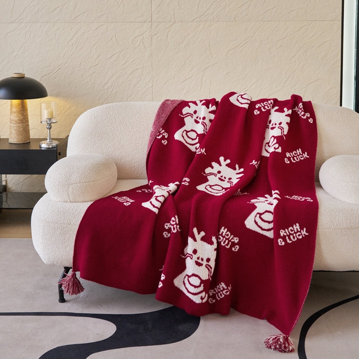 91家纺网 家纺一手货源 找家纺 苏艺针织盖毯 2024新款龙年限定针织亲肤毯龙年大吉盖毯 龙年进宝（红）