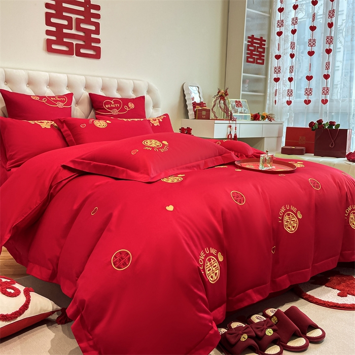 91家纺网 家纺一手货源 找家纺 东方合美（原：皇家传奇） 2024新款轻奢纯棉贡缎织造印花婚庆四件套 喜乐