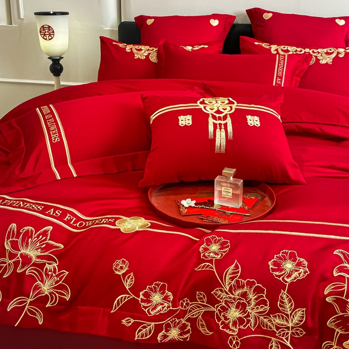 91家纺网 家纺一手货源 找家纺 东方合美（原：皇家传奇） 2024新款轻奢纯棉贡缎织造印花婚庆四件套 爱情花语