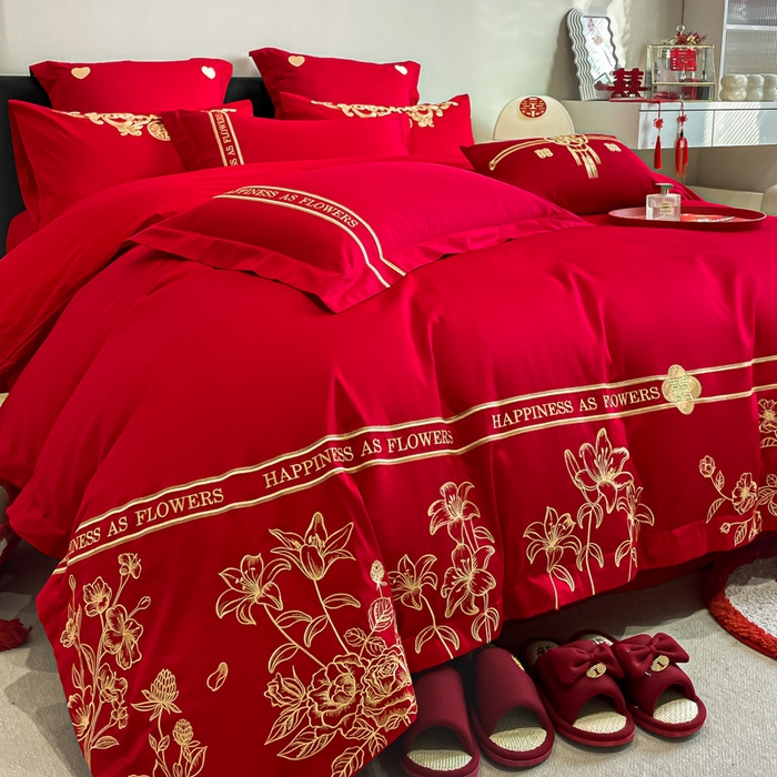 91家纺网 家纺一手货源 找家纺 东方合美（原：皇家传奇） 2024新款轻奢纯棉贡缎织造印花婚庆四件套 爱情花语