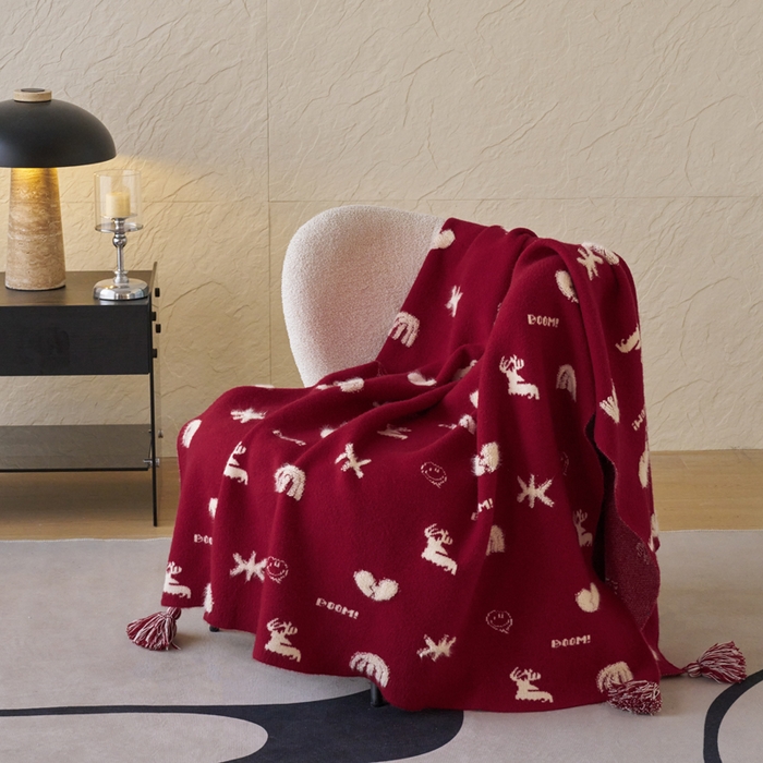 91家纺网 家纺一手货源 找家纺 苏艺针织盖毯 2024龙年限定高克重一体针织毛巾绣亲肤毛毯盖毯 一鹿有你（红）