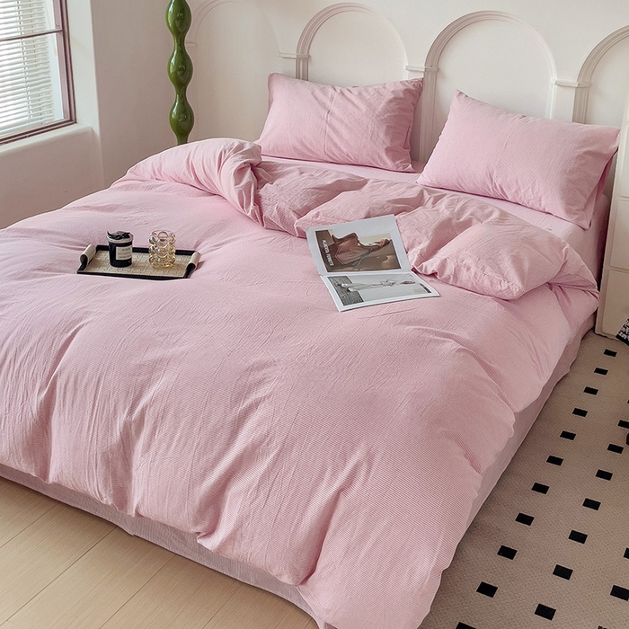 91家纺网 家纺一手货源 找家纺 呗旺鹿 2024新款A类40支全棉色织水洗棉四件套全棉四件套纯棉四件套无印风 魅力条纹豆沙