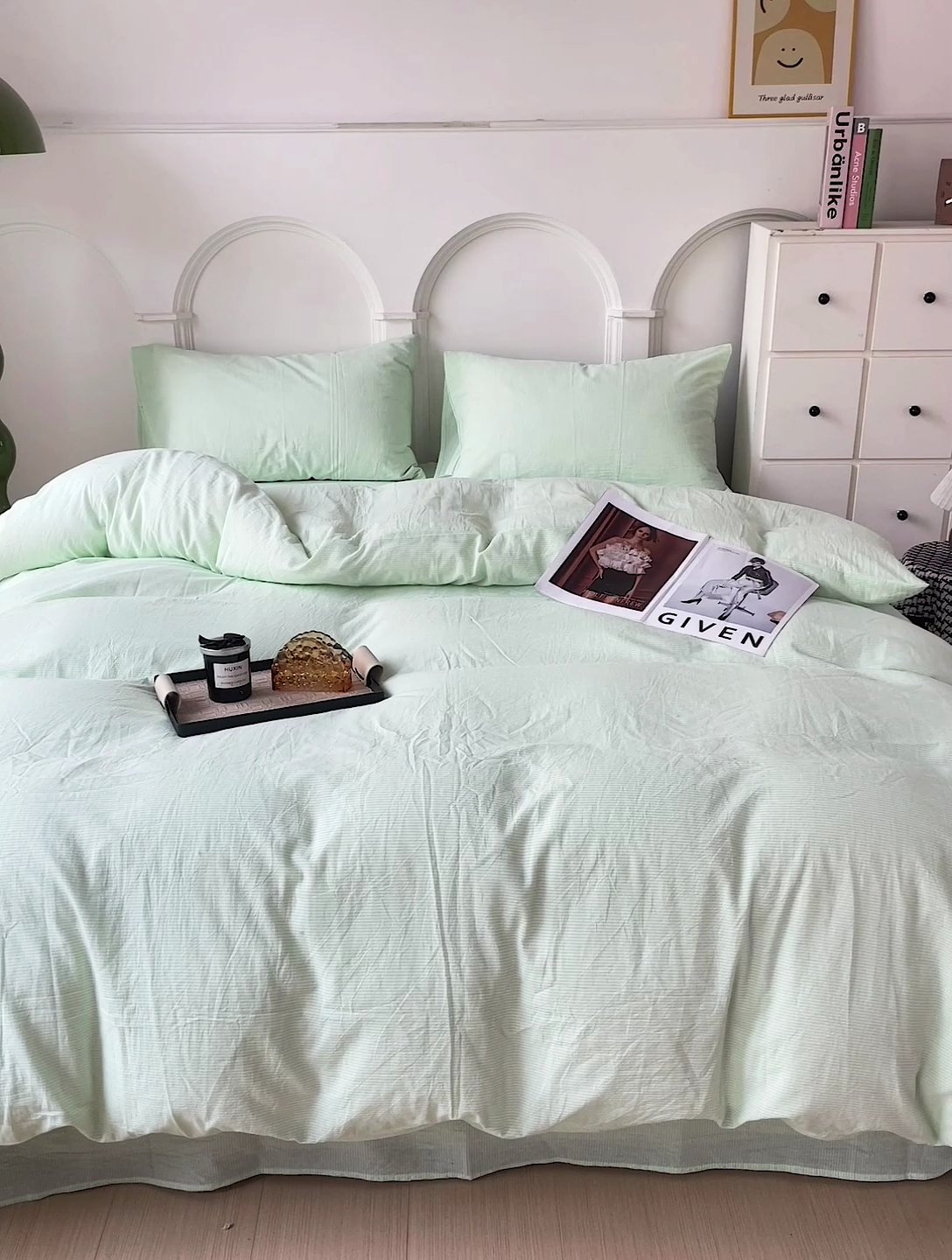 91家纺网 家纺一手货源 找家纺 呗旺鹿 2024新款A类40支全棉色织水洗棉四件套全棉四件套纯棉四件套无印风 魅力条纹绿