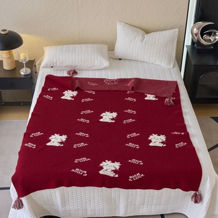 91家纺网 家纺一手货源 找家纺 苏艺针织盖毯 2024龙年限定高克重一体针织毛巾绣亲肤毛毯盖毯 祥龙献瑞  (红）