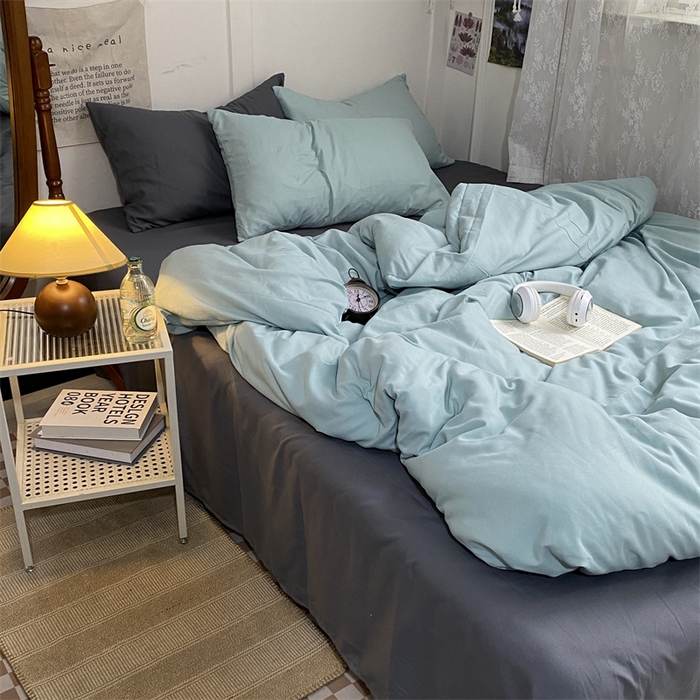 91家纺网 家纺一手货源 找家纺 优迈 2024新款ins风小红书同款纯色双拼水洗棉四件套亲肤加厚磨毛四件套混搭系列-单被套单床单单枕套单床笠 独白绿灰