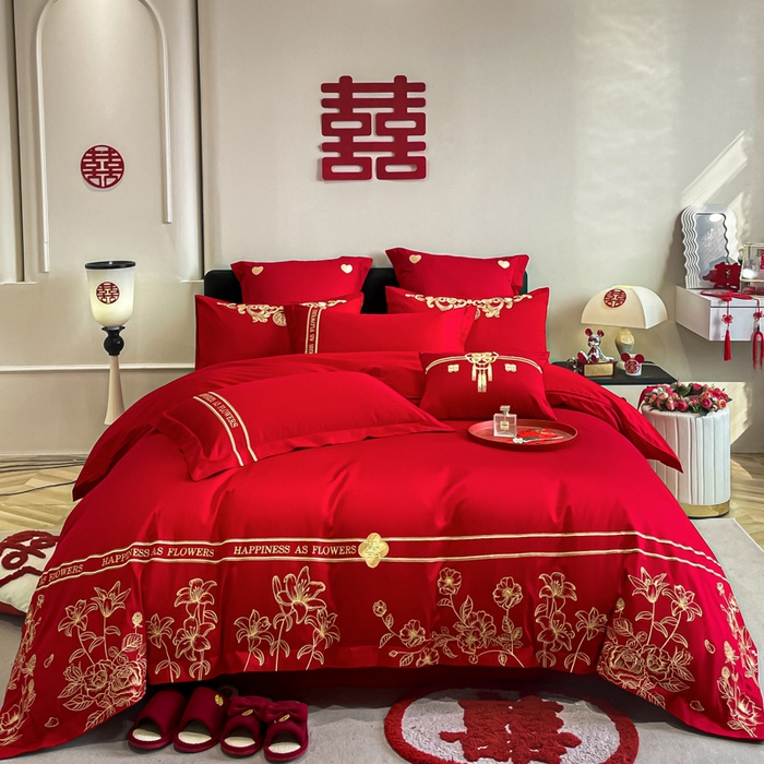 91家纺网 家纺一手货源 找家纺 东方合美（原：皇家传奇） 2024新款轻奢纯棉贡缎织造印花婚庆四件套 爱情花语