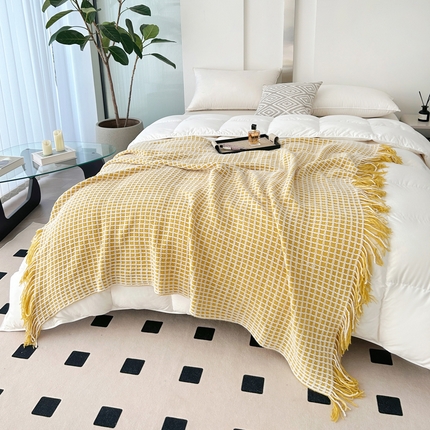 苏艺针织盖毯 2024新款针织流苏华夫格毛毯 柠檬黄