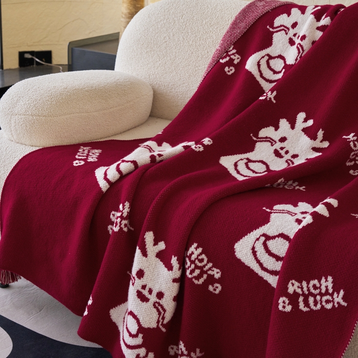 91家纺网 家纺一手货源 找家纺 苏艺针织盖毯 2024新款龙年限定针织亲肤毯龙年大吉盖毯 龙年进宝（红）