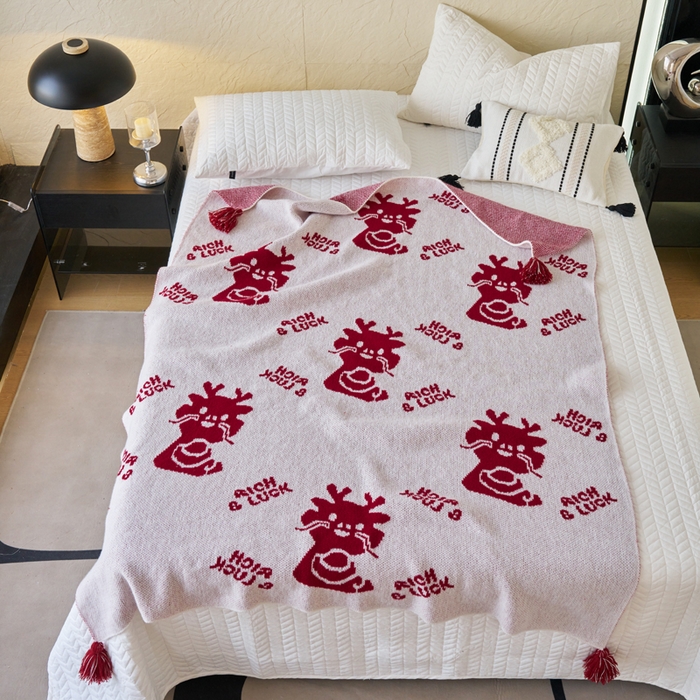 91家纺网 家纺一手货源 找家纺 苏艺针织盖毯 2024新款龙年限定针织亲肤毯龙年大吉盖毯 龙年进宝  (白）