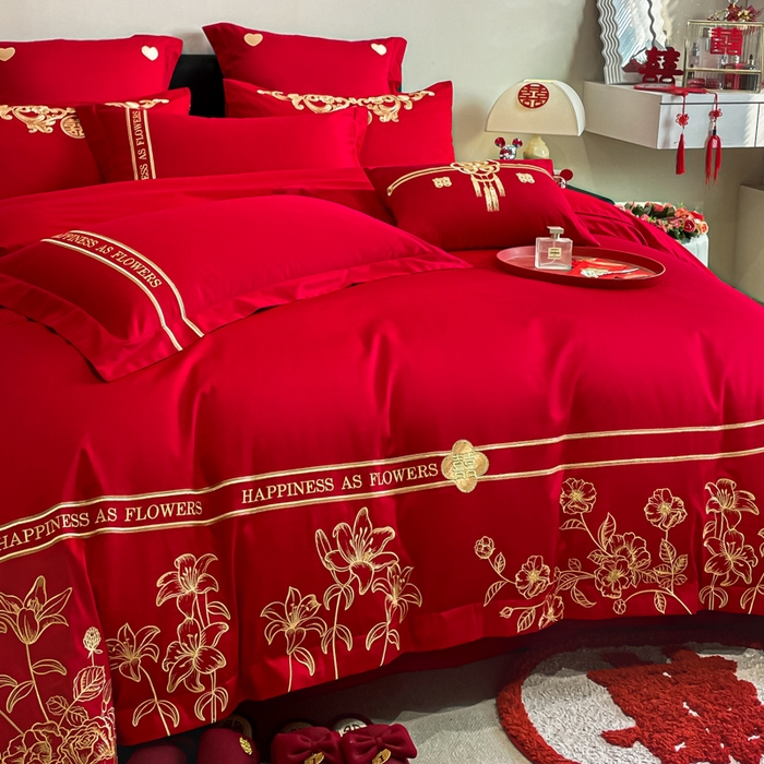 91家纺网 家纺一手货源 找家纺 东方合美（原：皇家传奇） 2024新款轻奢纯棉贡缎织造印花婚庆四件套 爱情花语