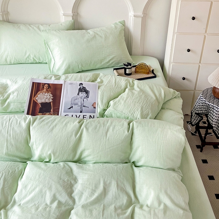 91家纺网 家纺一手货源 找家纺 呗旺鹿 2024新款A类40支全棉色织水洗棉四件套全棉四件套纯棉四件套无印风 魅力条纹绿