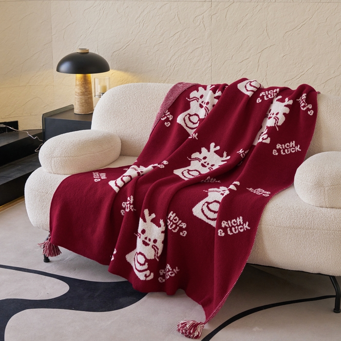 91家纺网 家纺一手货源 找家纺 苏艺针织盖毯 2024新款龙年限定针织亲肤毯龙年大吉盖毯 龙年进宝（红）