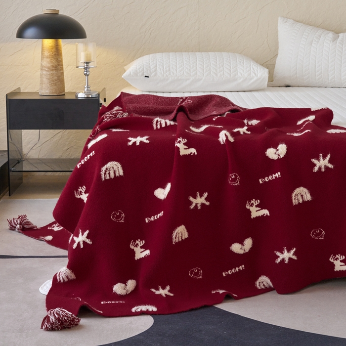 91家纺网 家纺一手货源 找家纺 苏艺针织盖毯 2024龙年限定高克重一体针织毛巾绣亲肤毛毯盖毯 一鹿有你（红）