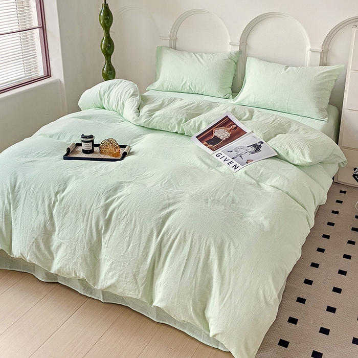 91家纺网 家纺一手货源 找家纺 呗旺鹿 2024新款A类40支全棉色织水洗棉四件套全棉四件套纯棉四件套无印风 魅力条纹绿