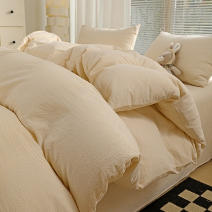 呗旺鹿 2024新款A类40支全棉色织水洗棉四件套全棉四件套纯棉四件套无印风 时尚简约杏色