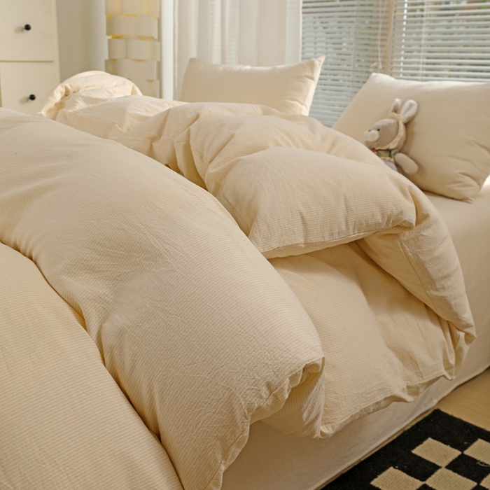 91家纺网 家纺一手货源 找家纺 呗旺鹿 2024新款A类40支全棉色织水洗棉四件套全棉四件套纯棉四件套无印风 时尚简约杏色