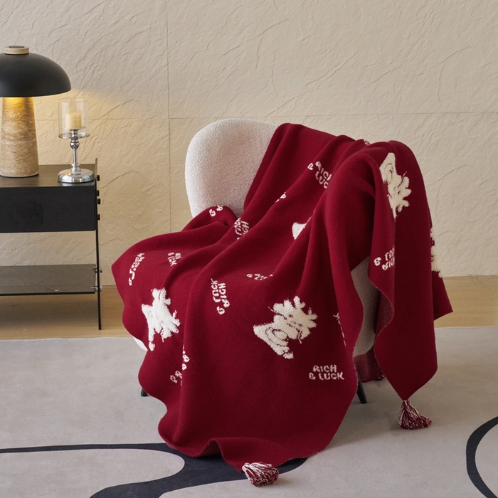 91家纺网 家纺一手货源 找家纺 苏艺针织盖毯 2024龙年限定高克重一体针织毛巾绣亲肤毛毯盖毯 祥龙献瑞  (红）