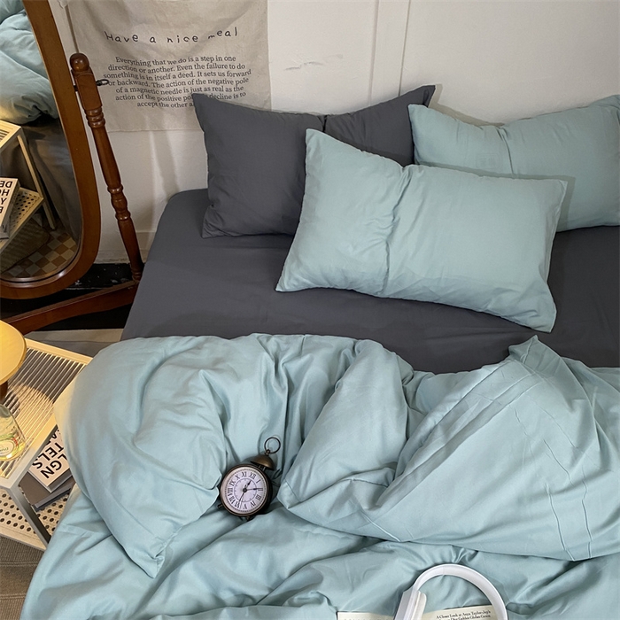 91家纺网 家纺一手货源 找家纺 优迈 2024新款ins风小红书同款纯色双拼水洗棉四件套亲肤加厚磨毛四件套混搭系列-单被套单床单单枕套单床笠 独白绿灰