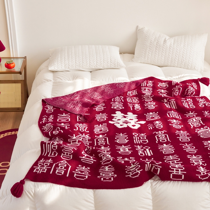 91家纺网 家纺一手货源 找家纺 苏艺针织盖毯 2024新款针织中式风高端婚礼喜字毛毯沙发盖毯 百喜毯（繁）