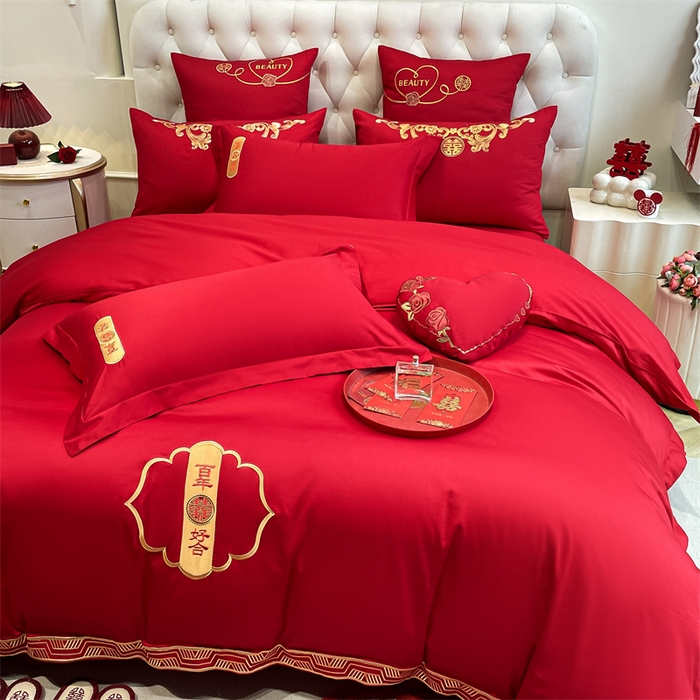 91家纺网 家纺一手货源 找家纺 东方合美（原：皇家传奇） 2024新款轻奢纯棉贡缎织造印花婚庆四件套 喜事