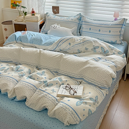 乐童 2024新款直播爆款13070纯棉印花吊边款一字绣四件套第八波梦幻蝴蝶