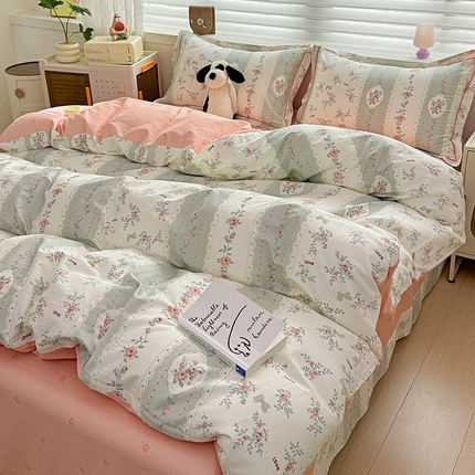 91家纺网 家纺一手货源 找家纺 乐童 2024新款直播爆款13070纯棉印花吊边款一字绣四件套第八波娴静小花