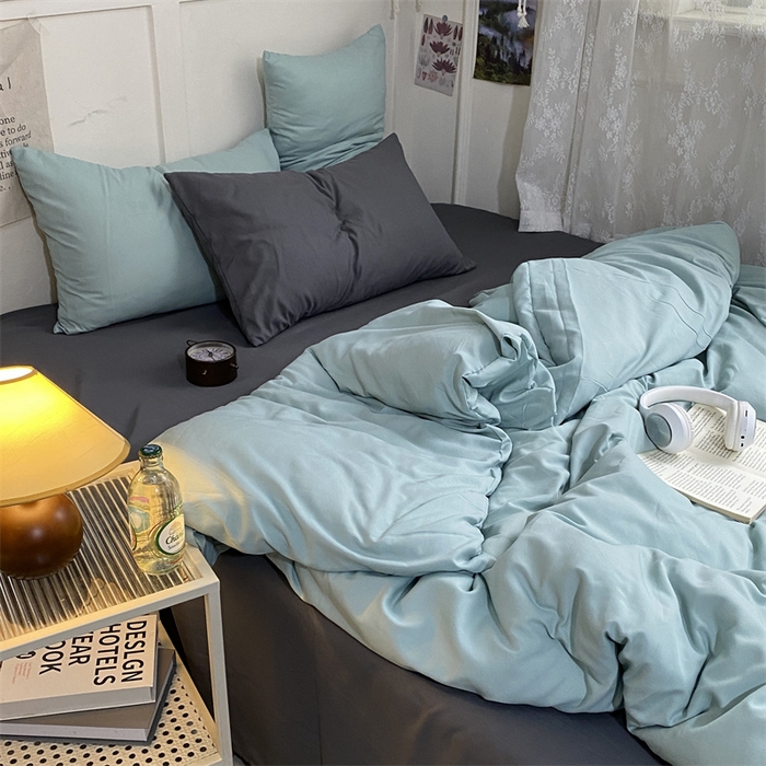91家纺网 家纺一手货源 找家纺 优迈 2024新款ins风小红书同款纯色双拼水洗棉四件套亲肤加厚磨毛四件套混搭系列-单被套单床单单枕套单床笠 独白绿灰