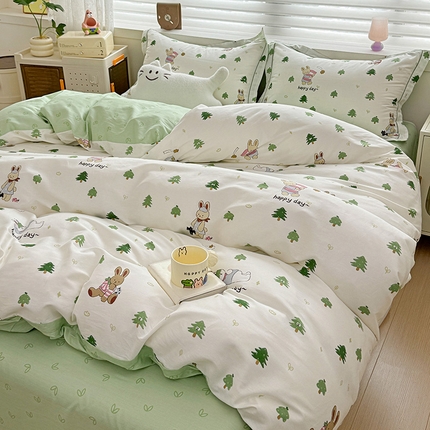 乐童 2024新款直播爆款13070纯棉印花吊边款一字绣四件套第八波森林兔