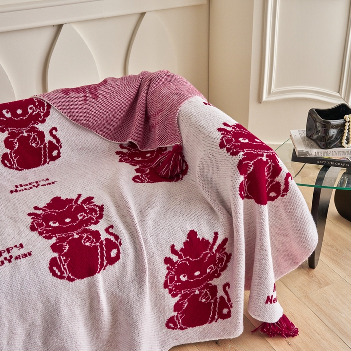 91家纺网 家纺一手货源 找家纺 苏艺针织盖毯 2024新款龙年限定针织亲肤毯龙年大吉盖毯 龙年大吉（白）