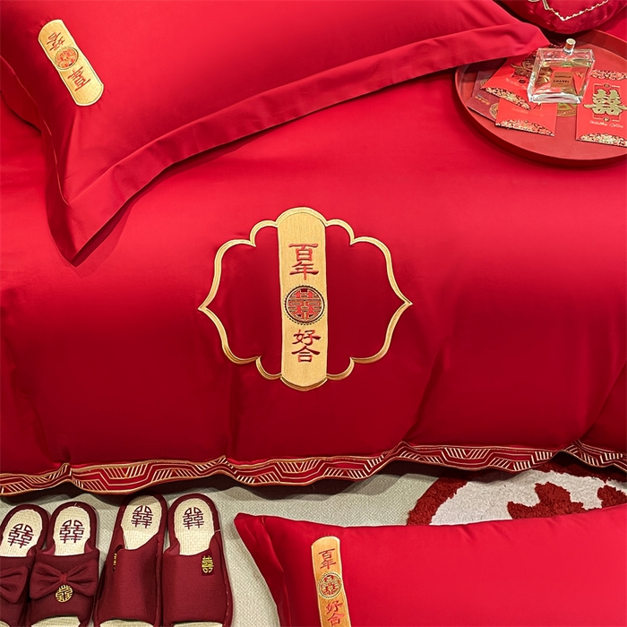 91家纺网 家纺一手货源 找家纺 东方合美（原：皇家传奇） 2024新款轻奢纯棉贡缎织造印花婚庆四件套 喜事