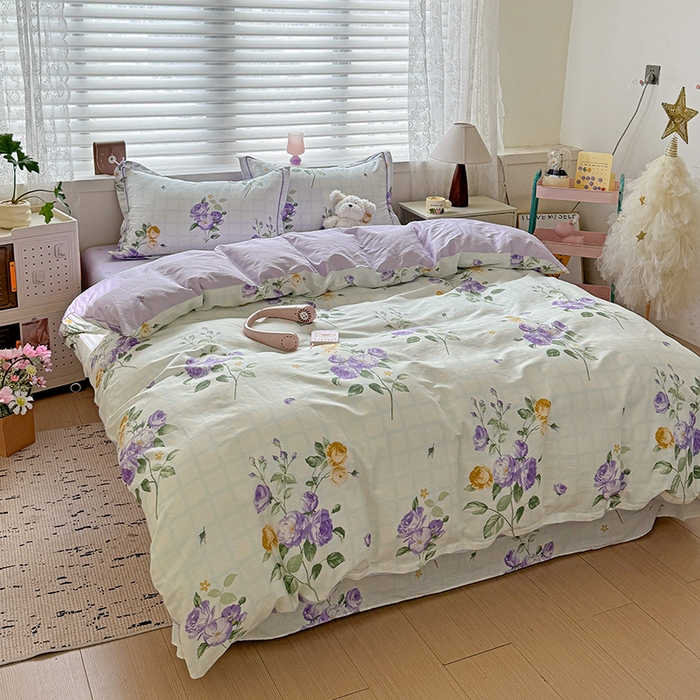 91家纺网 家纺一手货源 找家纺 乐童 2024新款直播爆款13070纯棉印花吊边款一字绣四件套第八波紫萱花