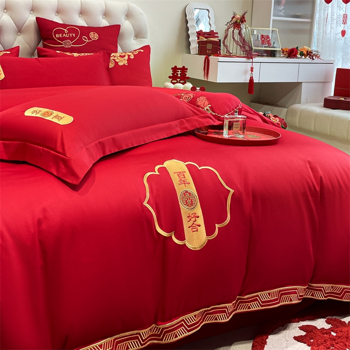 91家纺网 家纺一手货源 找家纺 东方合美（原：皇家传奇） 2024新款轻奢纯棉贡缎织造印花婚庆四件套 喜事