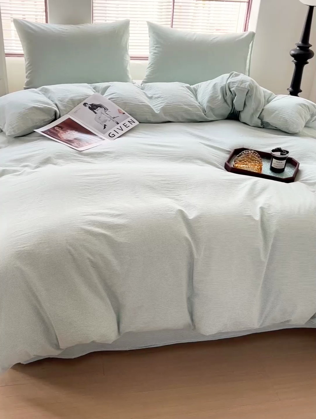 91家纺网 家纺一手货源 找家纺 呗旺鹿 2024新款A类40支全棉色织水洗棉四件套全棉四件套纯棉四件套无印风 时尚简约绿