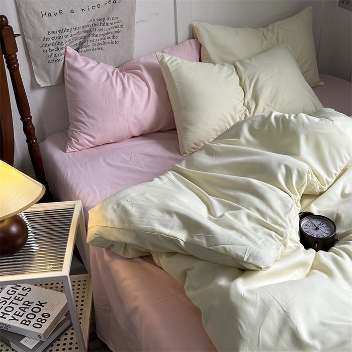 91家纺网 家纺一手货源 找家纺 优迈 2024新款ins风小红书同款纯色双拼水洗棉四件套亲肤加厚磨毛四件套混搭系列-单被套单床单单枕套单床笠 芝士桃桃